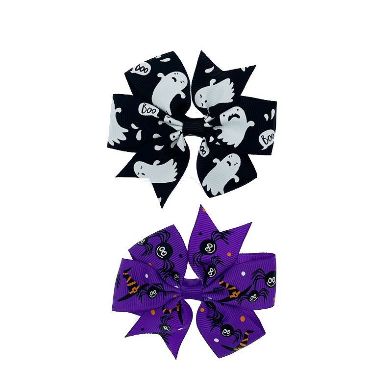 Halloween party hair bow clips in print ribbons for children